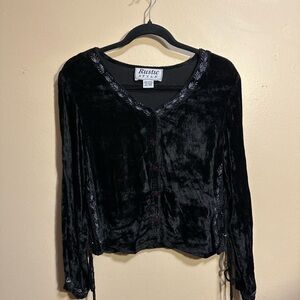 Black Velvet Embroidered Button-Front Cropped Top